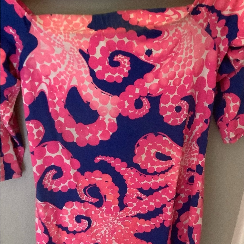 Lilly Pulitzer Pink and Purple Octopus Off Soulder Stretch Knit Dress